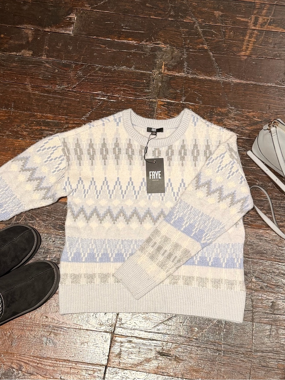 FRYE Fair Isle Nordic Crewneck Sweater Blue Gray White NWT Size S